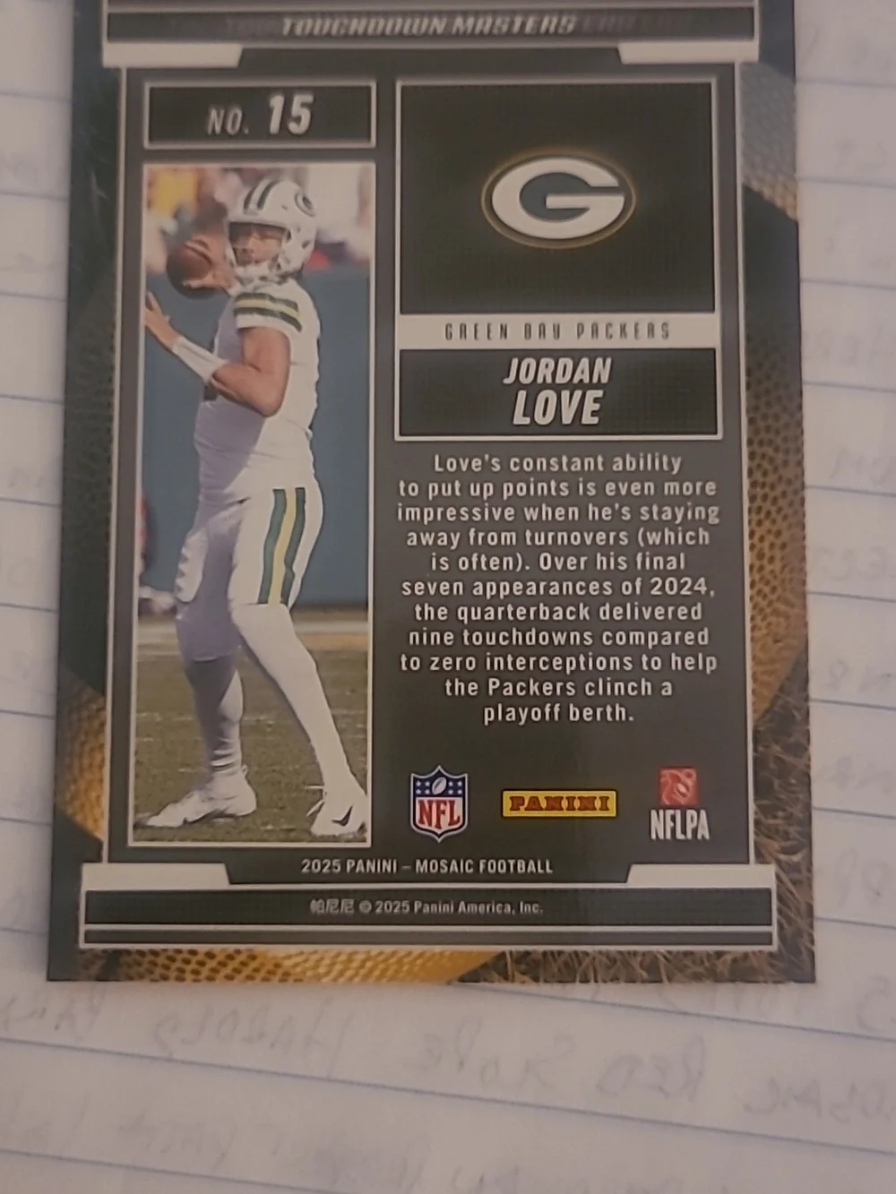 Panini Green and White Jordan Love Football Card 2025 Mosaic Touchdown Masters - Picture 2 of 2